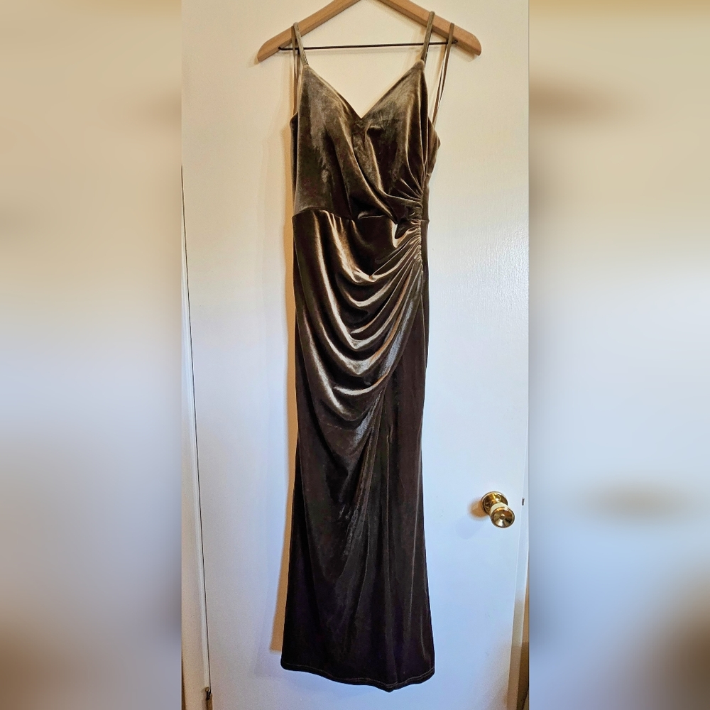 Revelry "Rory" Dusty Olive Velvet Bridesmaid/Evening Dress - Picture 2 of 3